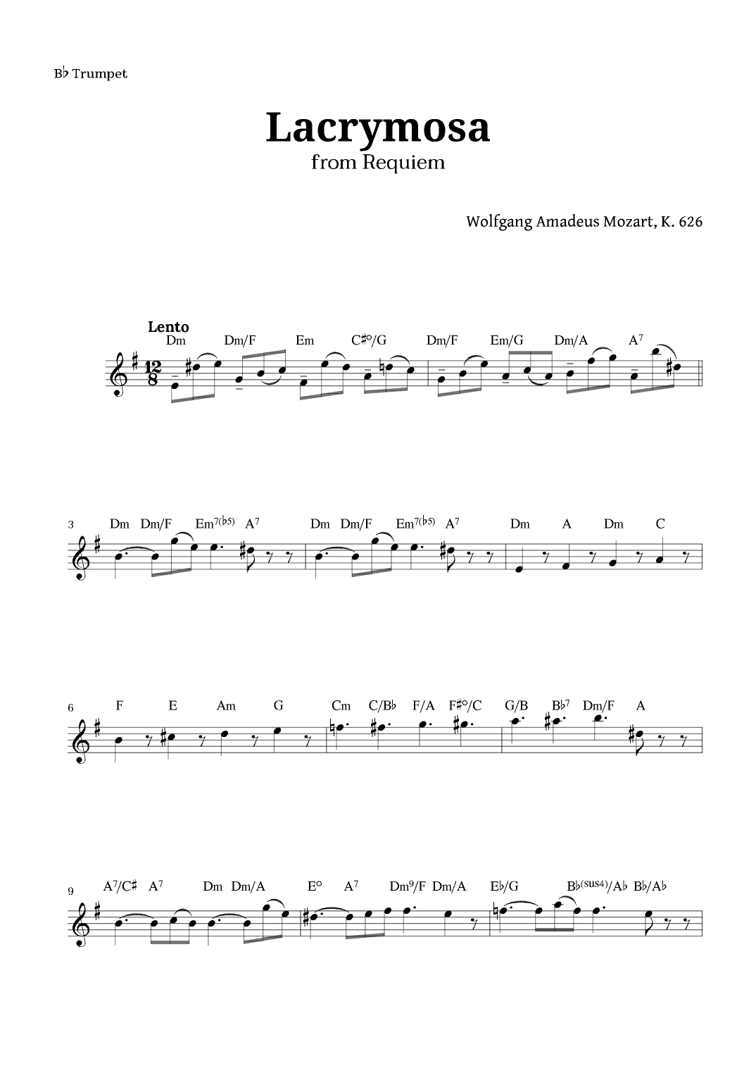 Lacrymosa from Requiem by Mozart for Trumpet (arr. Langanho)