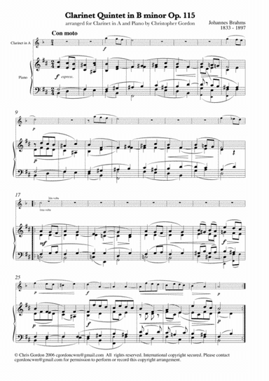 Brahms Clarinet Quintet Op. 115 arr. for Clarinet in A and Piano - Finale - Theme and Variations (arr. Chris Gordon)