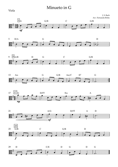 Minueto in G (J. S. Bach) for Viola Solo with Chords (arr. Fernando Britto)