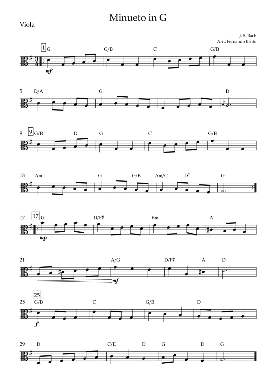 Minueto in G (J. S. Bach) for Viola Solo with Chords (arr. Fernando Britto)