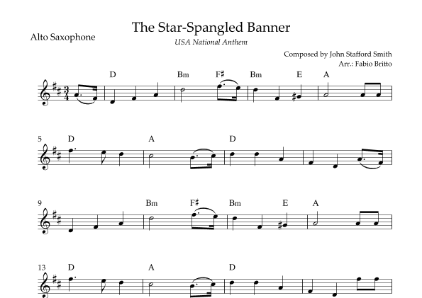 The Star Spangled Banner (USA National Anthem) for Alto Saxophone Solo with Chords (F Major) (arr. Fabio Britto)