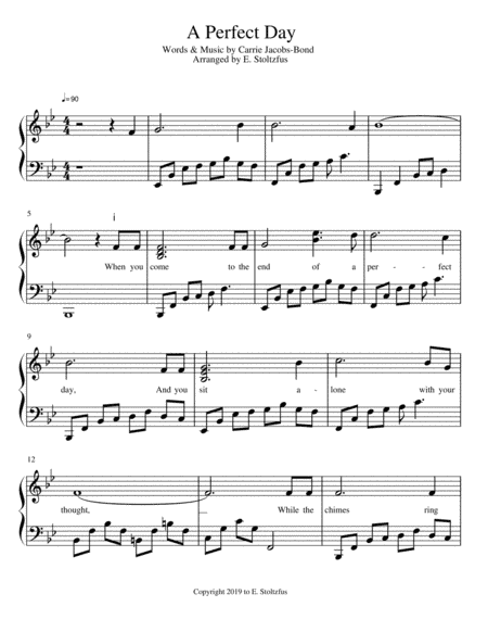 A Perfect Day by Carrie Jacobs-Bond, (Piano Solo) (arr. E. Stoltzfus)