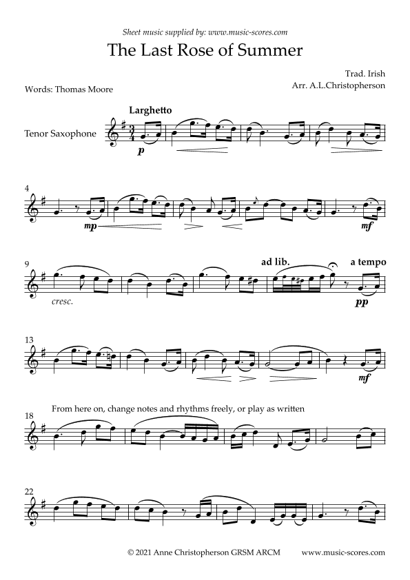 The Last Rose of Summer - Unaccompanied Tenor Sax (arr. Anne L Christopherson GRSM ARCM)
