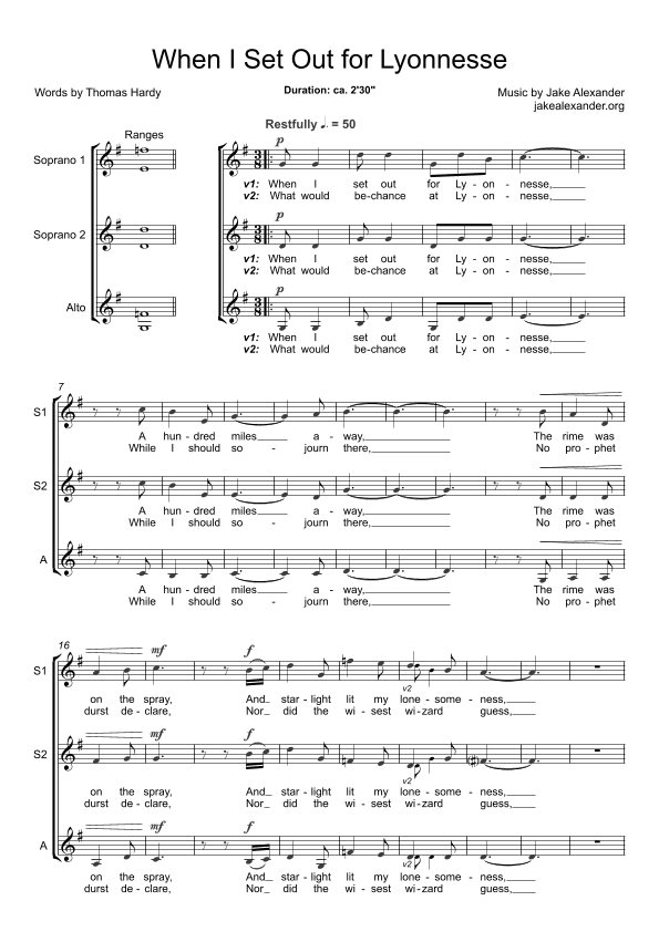 When I Set Out for Lyonnesse - SSA a cappella