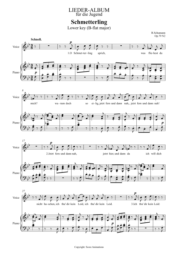 Schmetterling Op 79 N2 in B-flat major (Lower key) (arr. Score Animations)