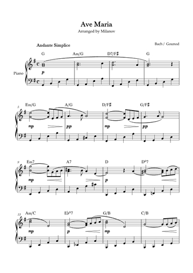 Ave Maria Bach Gounod in G Intermediate Piano Chord (arr. Milanov)