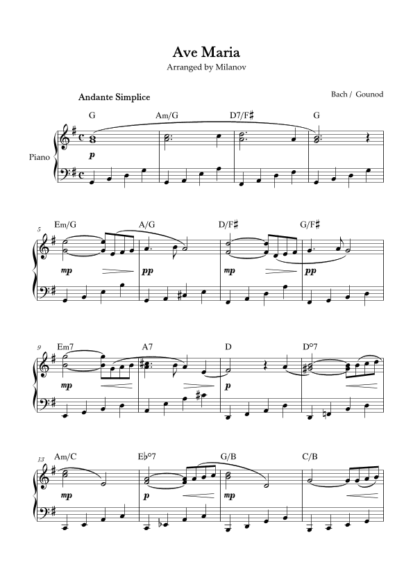 Ave Maria Bach Gounod in G Intermediate Piano Chord (arr. Milanov)