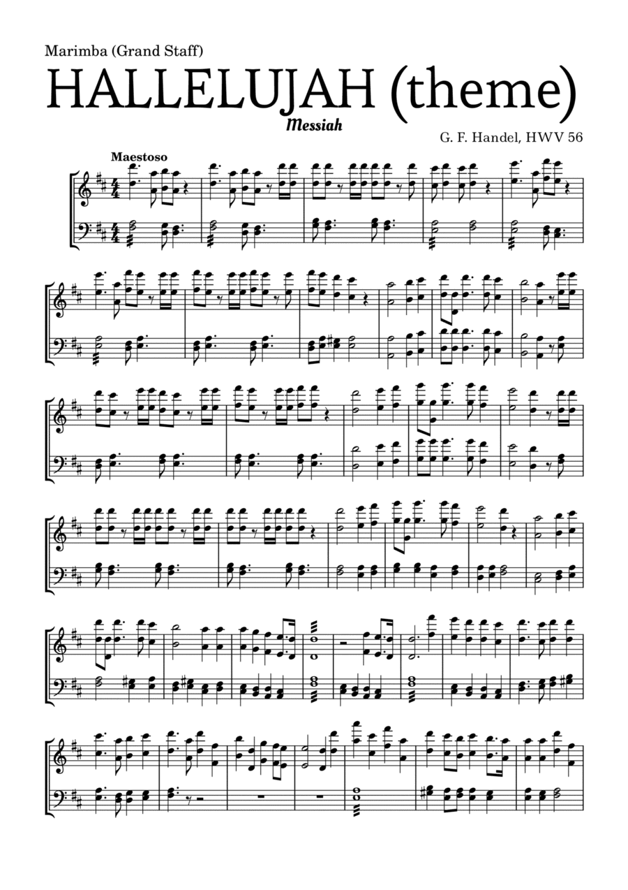 Aleluia (HALLELUJAH), of the Messiah - for Marimba (Grand Staff) with 4 drum sticks (arr. Leyandder Trustworthy)