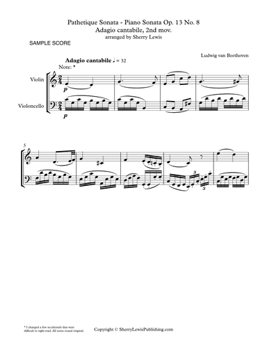PATHETIQUE SONATA,  Adagio cantabile, 2nd mov. Op. 13, No. 8 String Duo, Intermediate Level for viol (arr. Sherry Lewis)