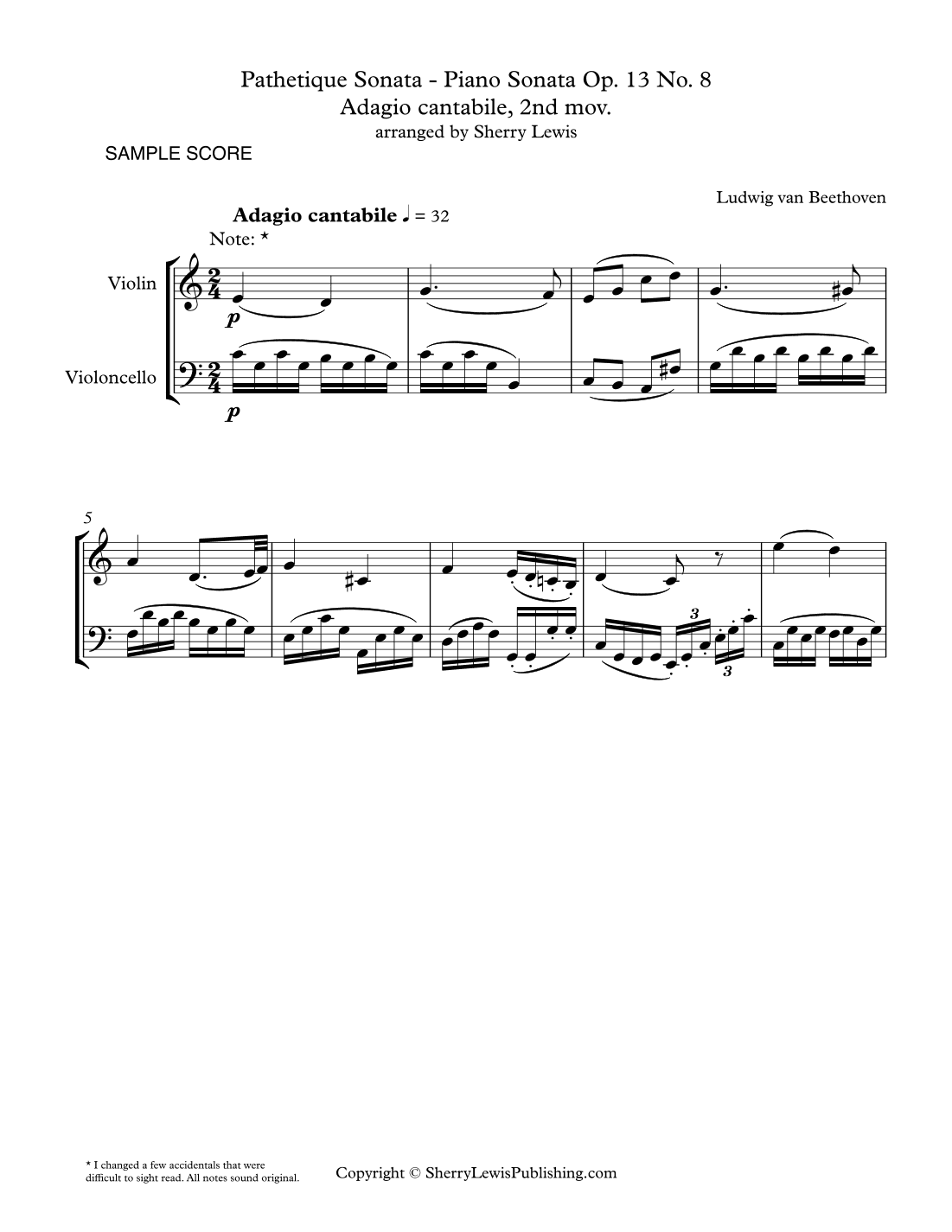 PATHETIQUE SONATA,  Adagio cantabile, 2nd mov. Op. 13, No. 8 String Duo, Intermediate Level for viol (arr. Sherry Lewis)