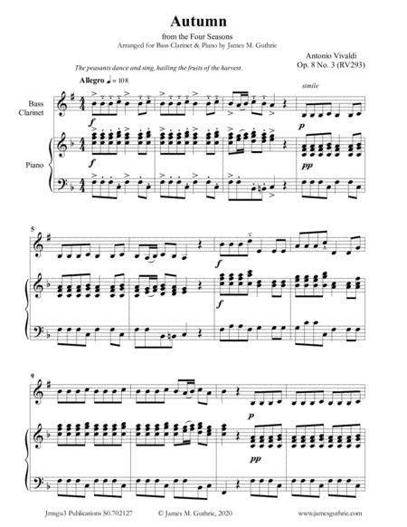 Vivaldi: Autumn from the Four Seasons for Bass Clarinet & Piano (arr. James M. Guthrie, ASCAP)