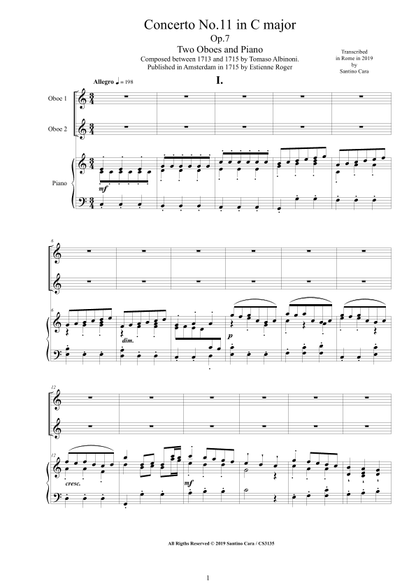 Albinoni - Concerto No.11 in C major Op.7 for Two Oboes and Piano (arr. Santino Cara)