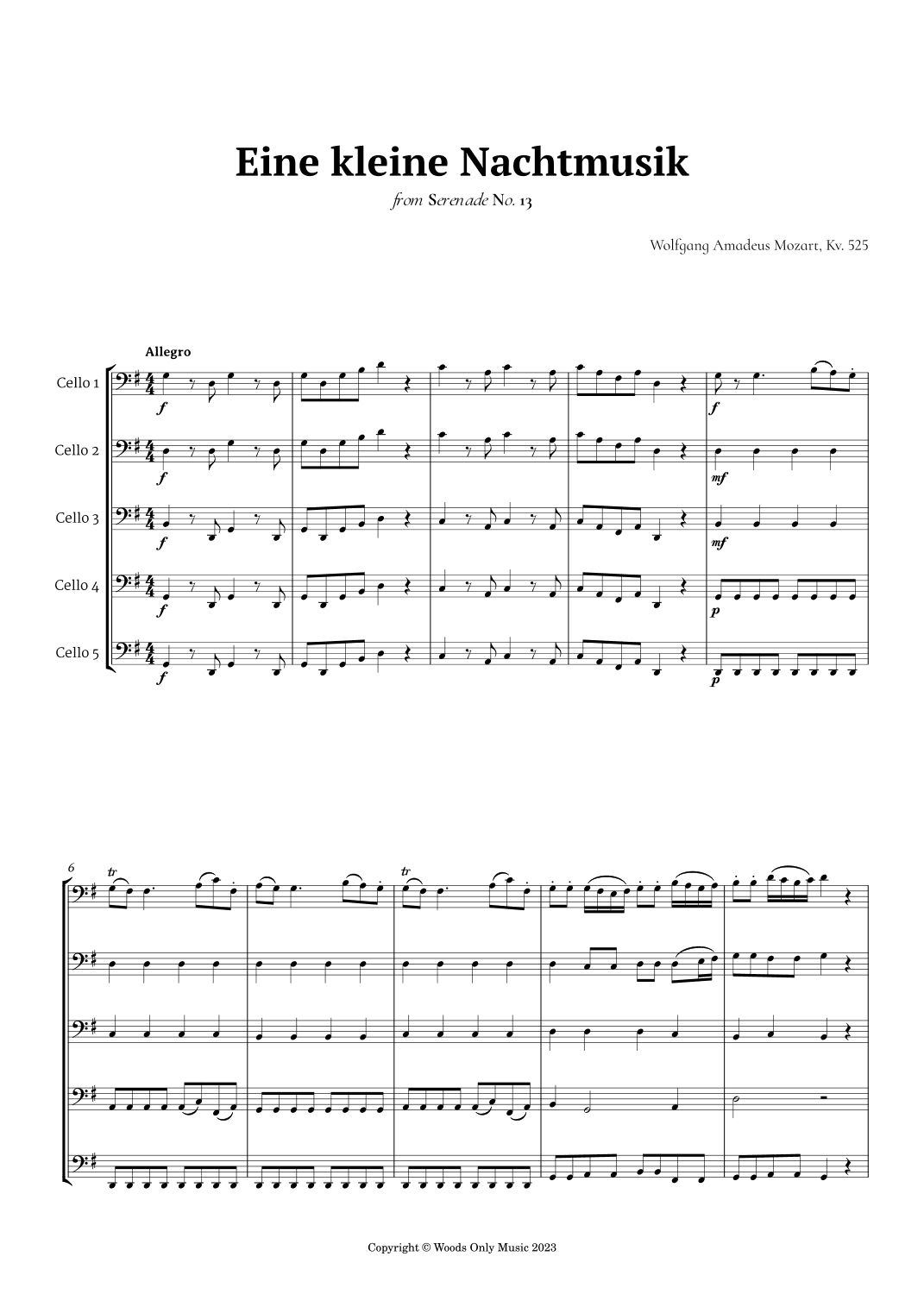 Eine kleine Nachtmusik by Mozart for Cello Quintet (arr. Ander)
