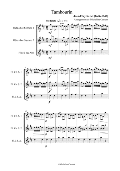 Rebel, Jean-Fery : Tambourin pour 3 flûtes à bec (2 soprano, 1 alto) (arr. Cumant Micheline)