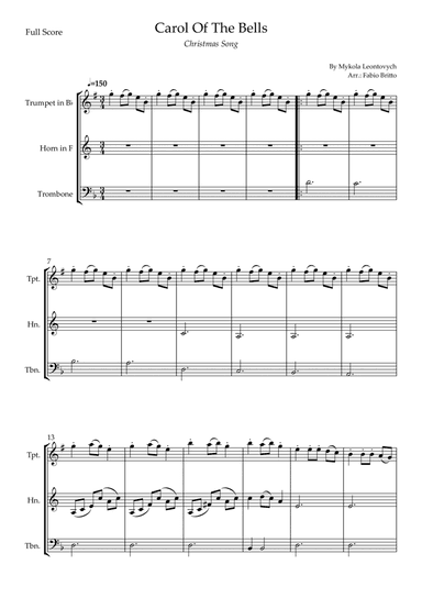Carol Of The Bells (Christmas Song) for Brass Trio (D Minor) (arr. Fabio Britto)