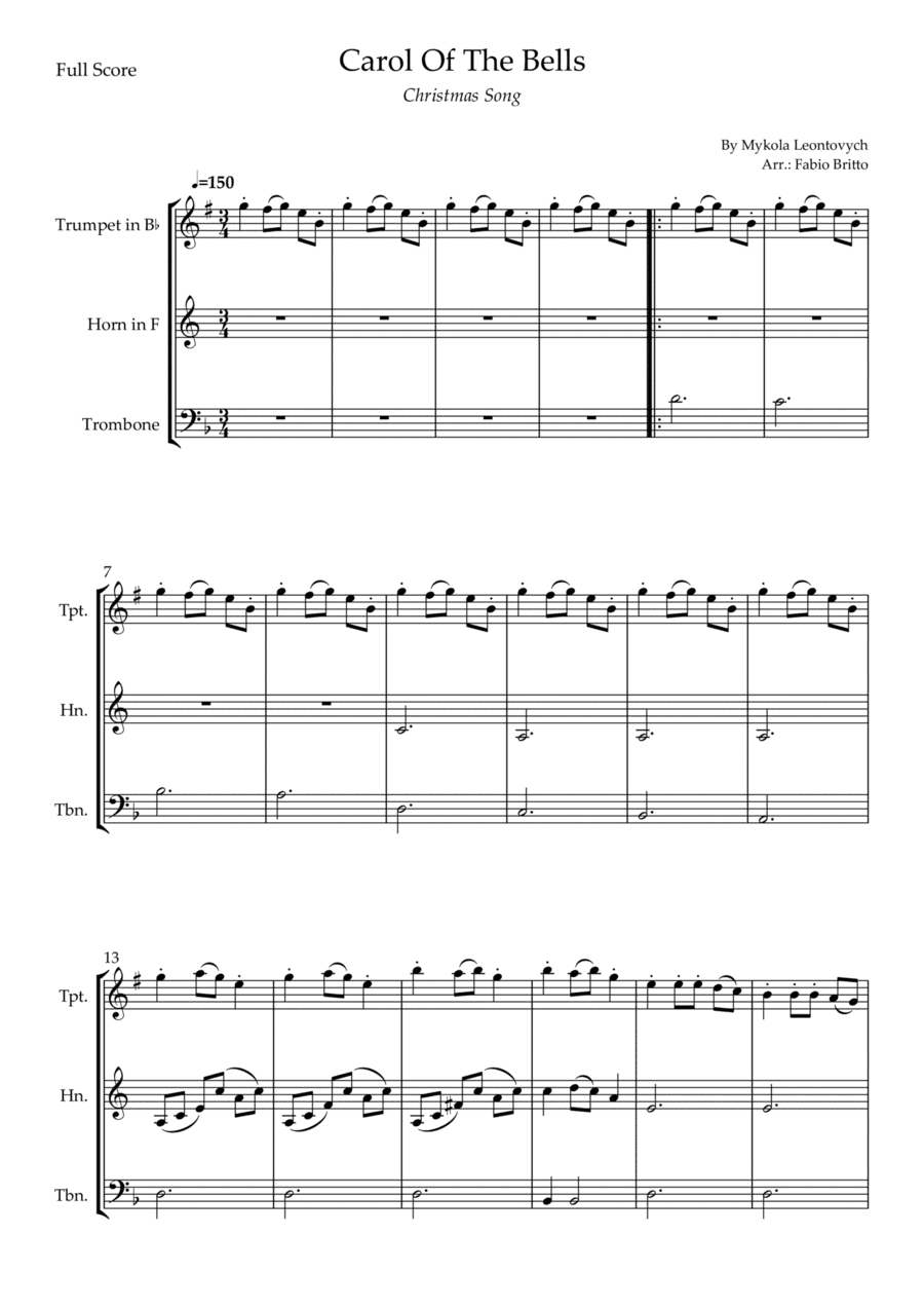 Carol Of The Bells (Christmas Song) for Brass Trio (D Minor) (arr. Fabio Britto)