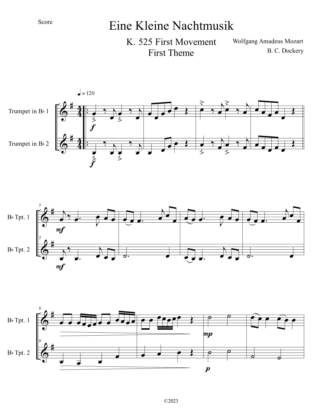 Eine Kleine Nachtmusik (A Little Night Music) K. 525 Mvmt. I for Trumpet Duet (arr. B. C. Dockery)