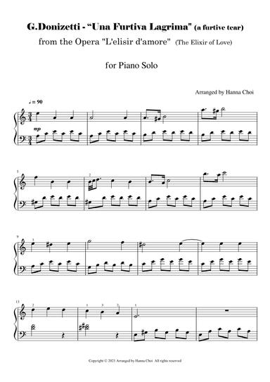 G.Donizetti - "Una Furtiva Lagrima" (a furtive tear) from the Opera "L'elisir d'amore" [piano solo] (arr. Hanna Choi)