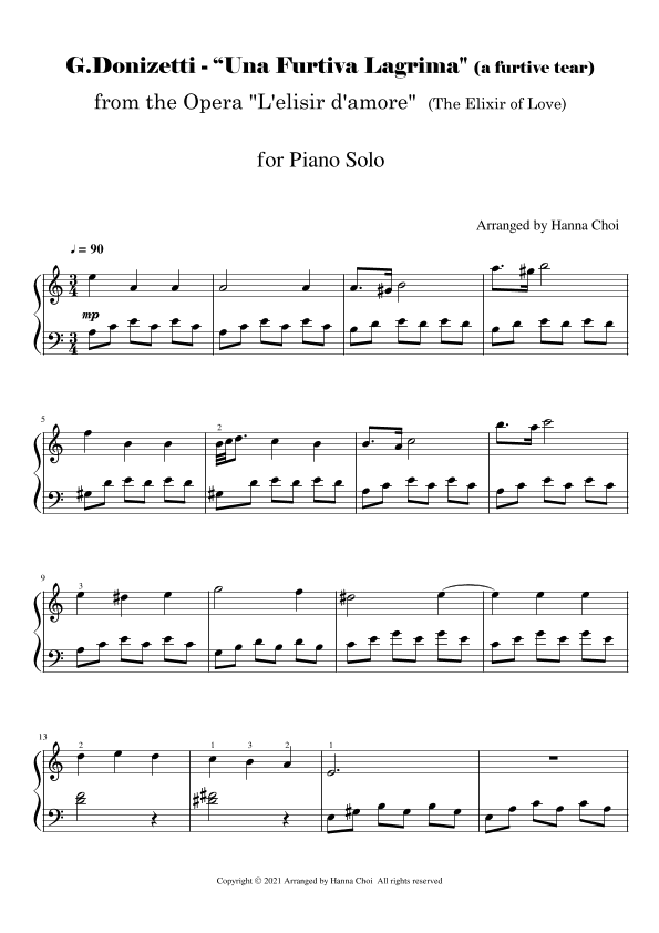 G.Donizetti - "Una Furtiva Lagrima" (a furtive tear) from the Opera "L'elisir d'amore" [piano solo] (arr. Hanna Choi)