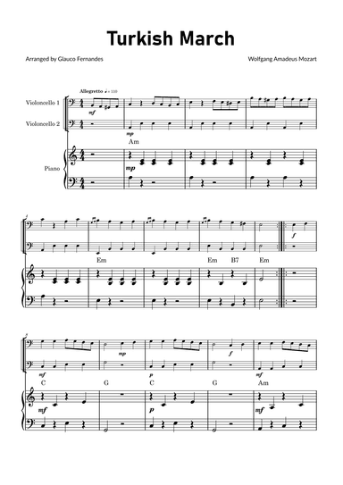 Turkish March by Mozart - Cello Duet with Piano and Chord Notations (arr. Glauco Fernandes)