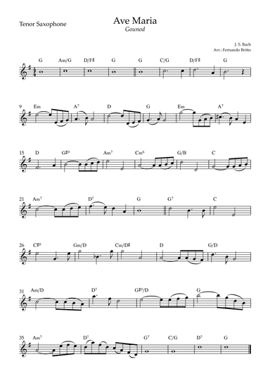 Ave Maria (Gounod) for Tenor Saxophone Solo with Chords (F Major) (arr. Fernando Britto)