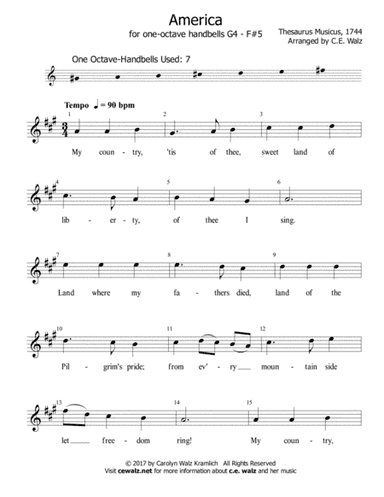 My Country 'Tis of Thee - One octave handbells G4 - F#5 (arr. c.e. walz)