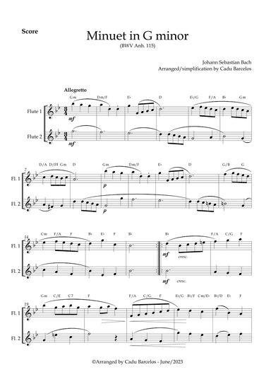 Minuet in G minor BWV anh 115 (Bach) 2 Flutes chords (arr. Cadu Barcelos)
