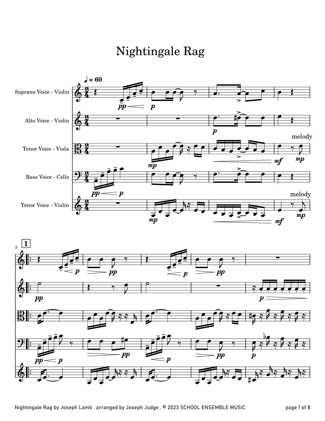 Nightingale Rag by Joseph Lamb for String Quartet in Schools (arr. Joseph Judge)