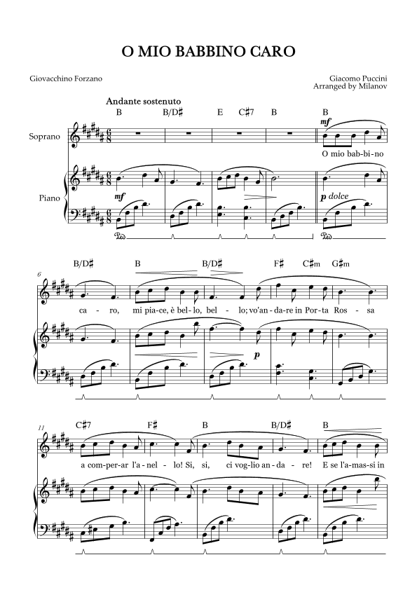 O Mio Babbino Caro | Female Voice Soprano | B Major | Piano accompaniment | Pedal | Chords (arr. Milanov)