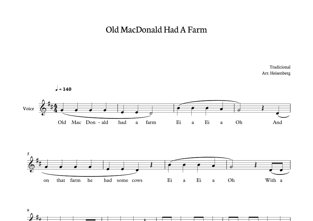 Old MacDonald Had a Farm for voice in D major (arr. Heisenberg)