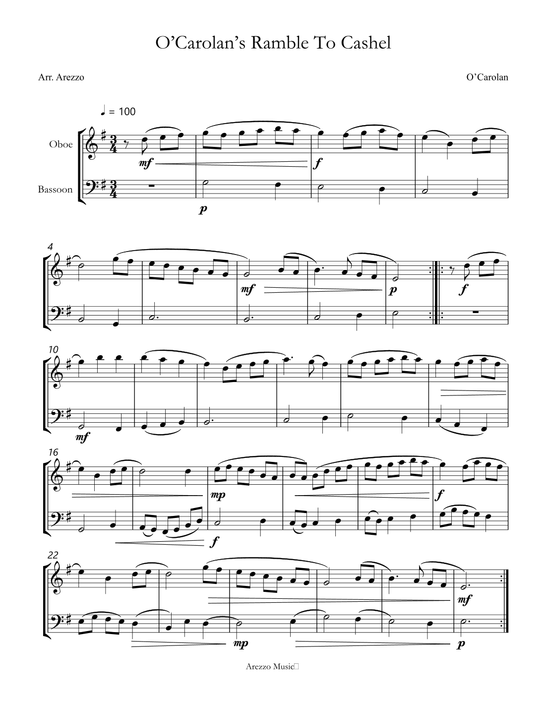 o'carolan ramble to cashel - oboe and bassoon sheet music turlough'o carolan (arr. Arezzo Music)