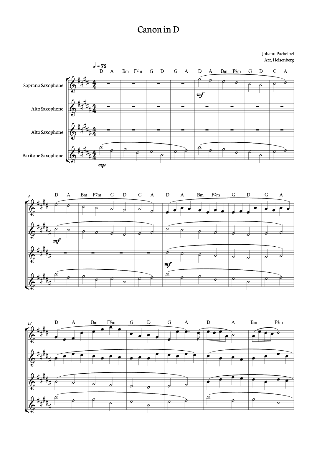 Canon in D - Pachelbel for Sax Quartet with chords. (arr. Heisenberg)