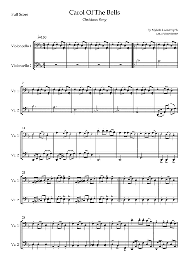 Carol Of The Bells (Christmas Song) for Cello Duo (D Minor) (arr. Fabio Britto)