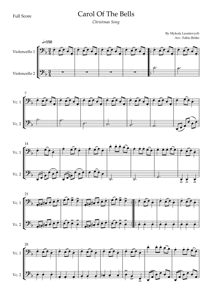 Carol Of The Bells (Christmas Song) for Cello Duo (D Minor) (arr. Fabio Britto)