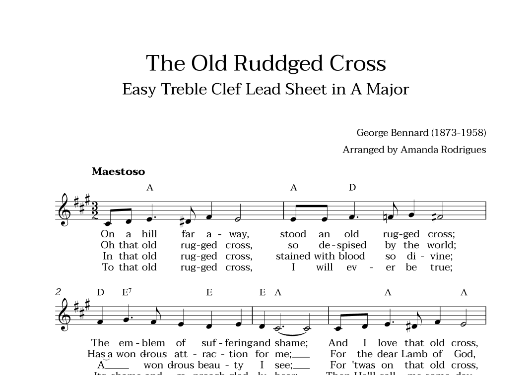 The Old Rugged Cross in A Major - Easy Treble Clef Lead Sheet (arr. Amanda Cerqueira Rodrigues)