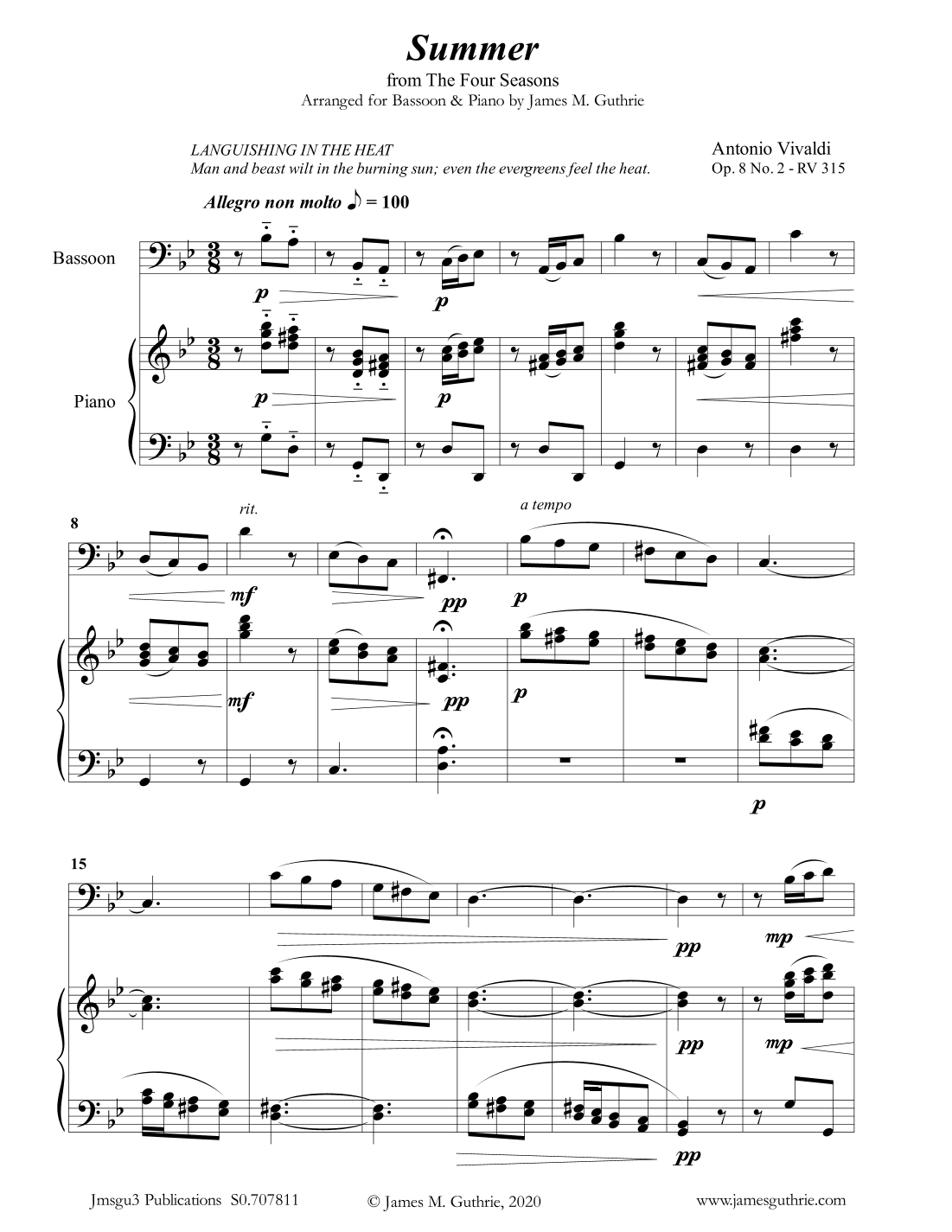 Vivaldi: Summer from the Four Seasons for Bassoon & Piano (arr. James M. Guthrie, ASCAP)