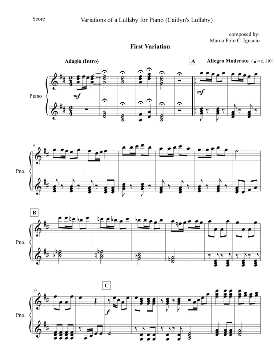 Variations of a Lulllaby for Piano (Caitlyn's Lullaby)