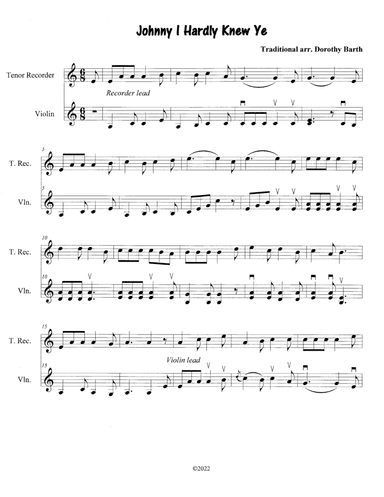 Johnny I Hardly Knew Ye - Violin and Recorder/Flute (arr. Dorothy van Joolen Barth)