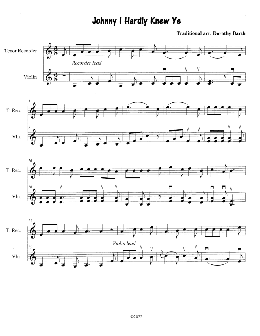 Johnny I Hardly Knew Ye - Violin and Recorder/Flute (arr. Dorothy van Joolen Barth)