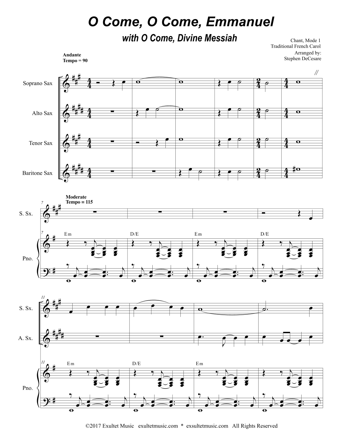 O Come, O Come, Emmanuel (with "O Come, Divine Messiah") (Saxophone Quartet and Piano) (arr. Stephen DeCesare)
