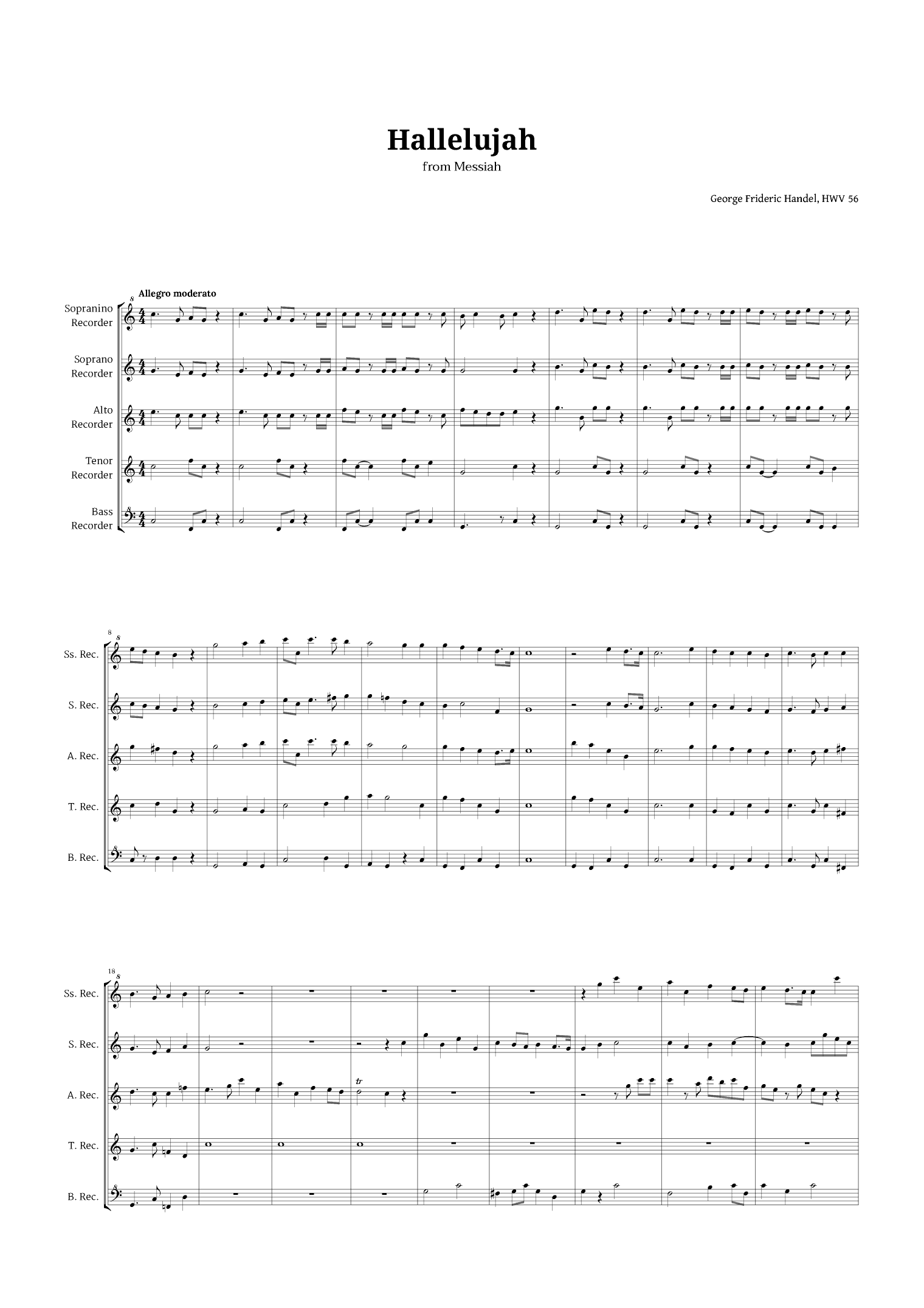 Hallelujah by Handel for Recorder Quintet (arr. Langanho)