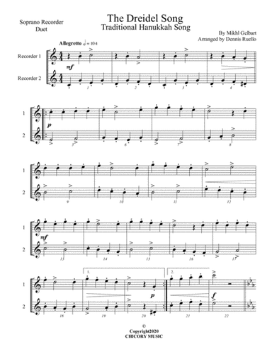 The Dreidel Song - Soprano Recorder Duet - Intermediate (arr. Dennis Ruello)
