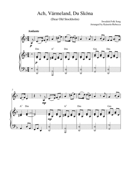 Ach, Värmeland, Du Sköna (Dear Old Stockholm) (violin solo and piano accompaniment) (arr. Kaiserin Rebecca)