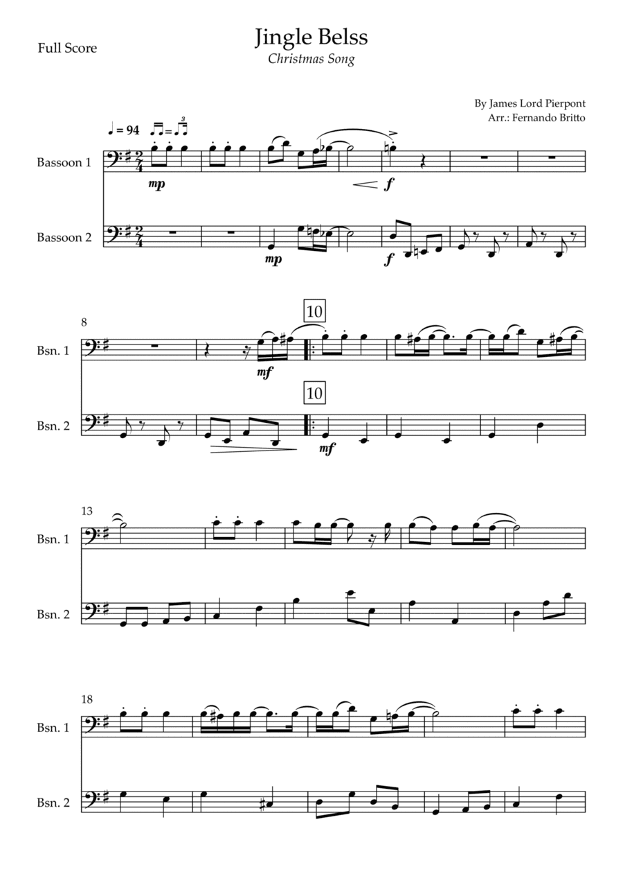 Jingle Bells - Jazz Version (Christmas Song) for Bassoon  Duo (arr. Fernando Britto)
