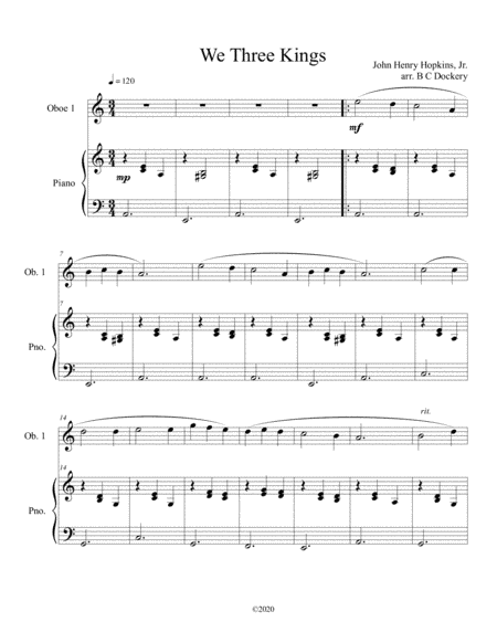 We Three Kings (oboe solo) with optional piano accompaniment (arr. B C Dockery)