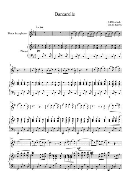 Barcarolle, Jacques Offenbach, For Tenor Saxophone & Piano (arr. Eugene Egorov)