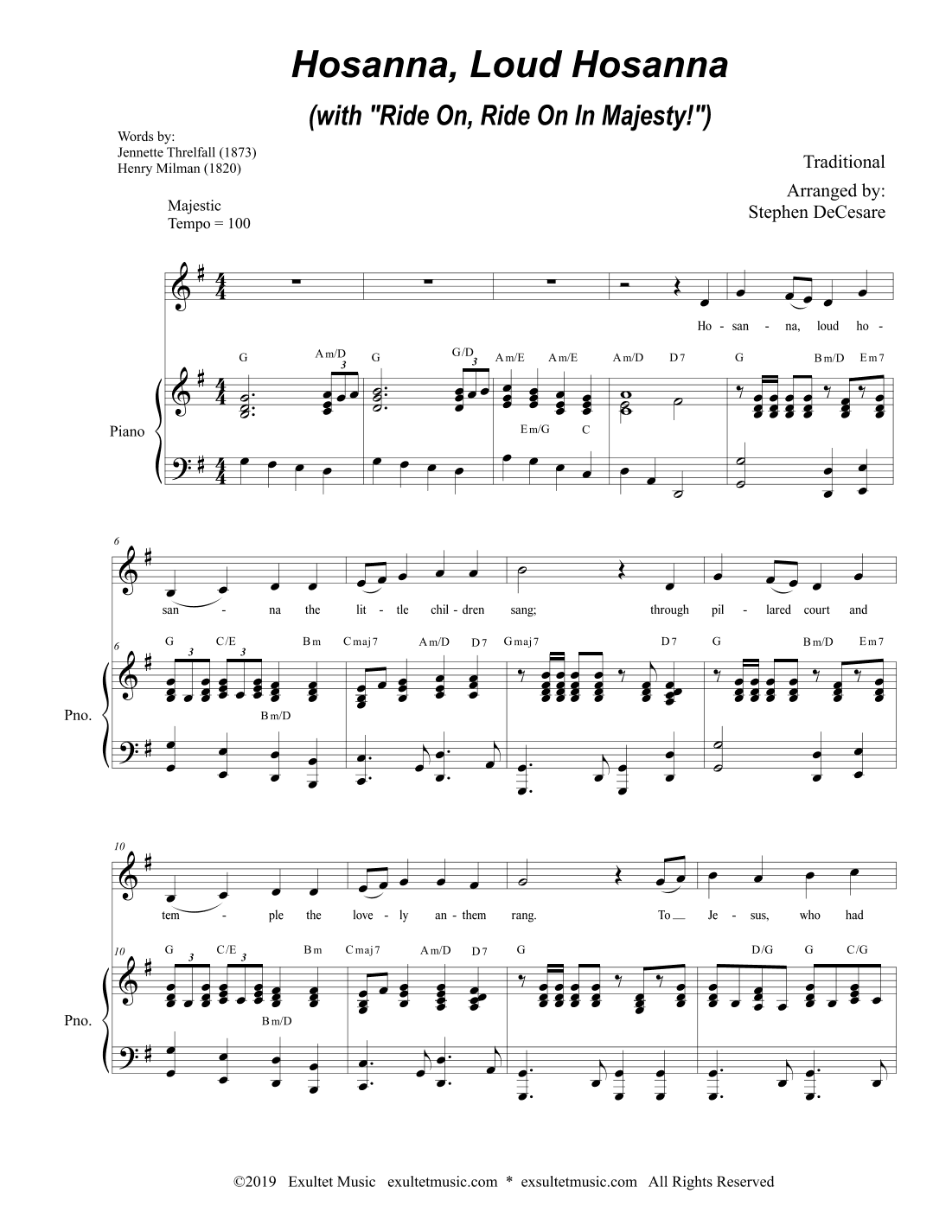 Hosanna, Loud Hosanna (with "Ride On, Ride On In Majesty!") (Unison choir - Piano) (arr. Stephen DeCesare)