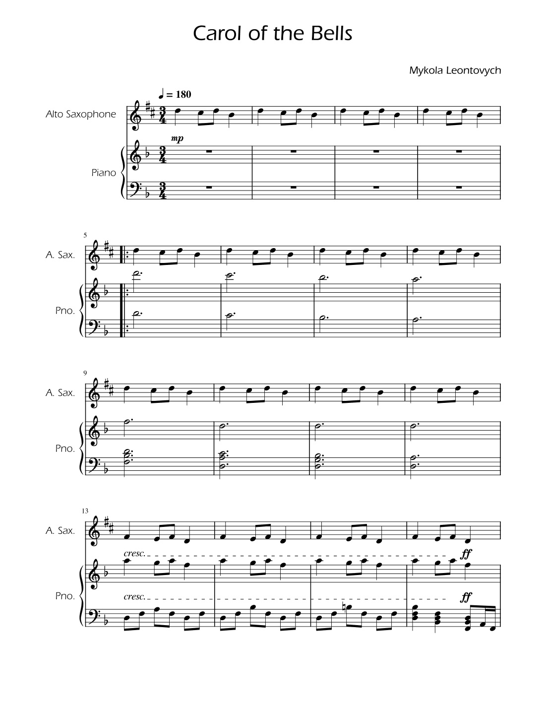 Carol of the Bells - Alto Sax Solo w/ Piano (arr. Ygor Nunes)