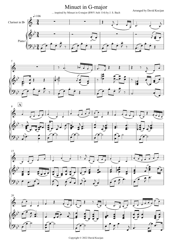 Minuet in G-major (clarinet & piano) (arr. David Kocijan)
