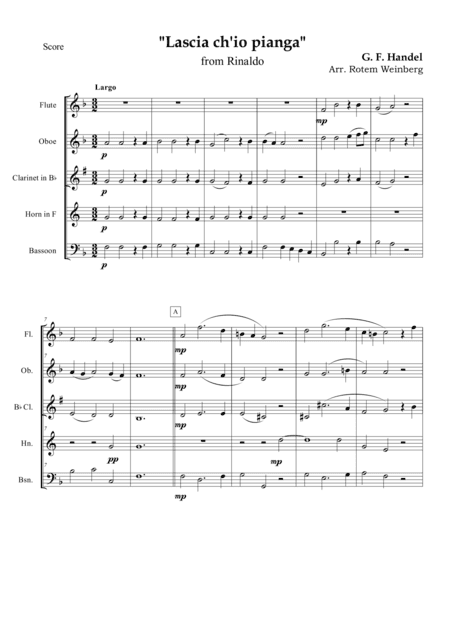 Lascia ch'io pianga, Aria from the opera "Rinaldo" (Woodwind Quintet: Fl,Ob,Cl,Hn,Bsn) (arr. Rotem Weinberg)